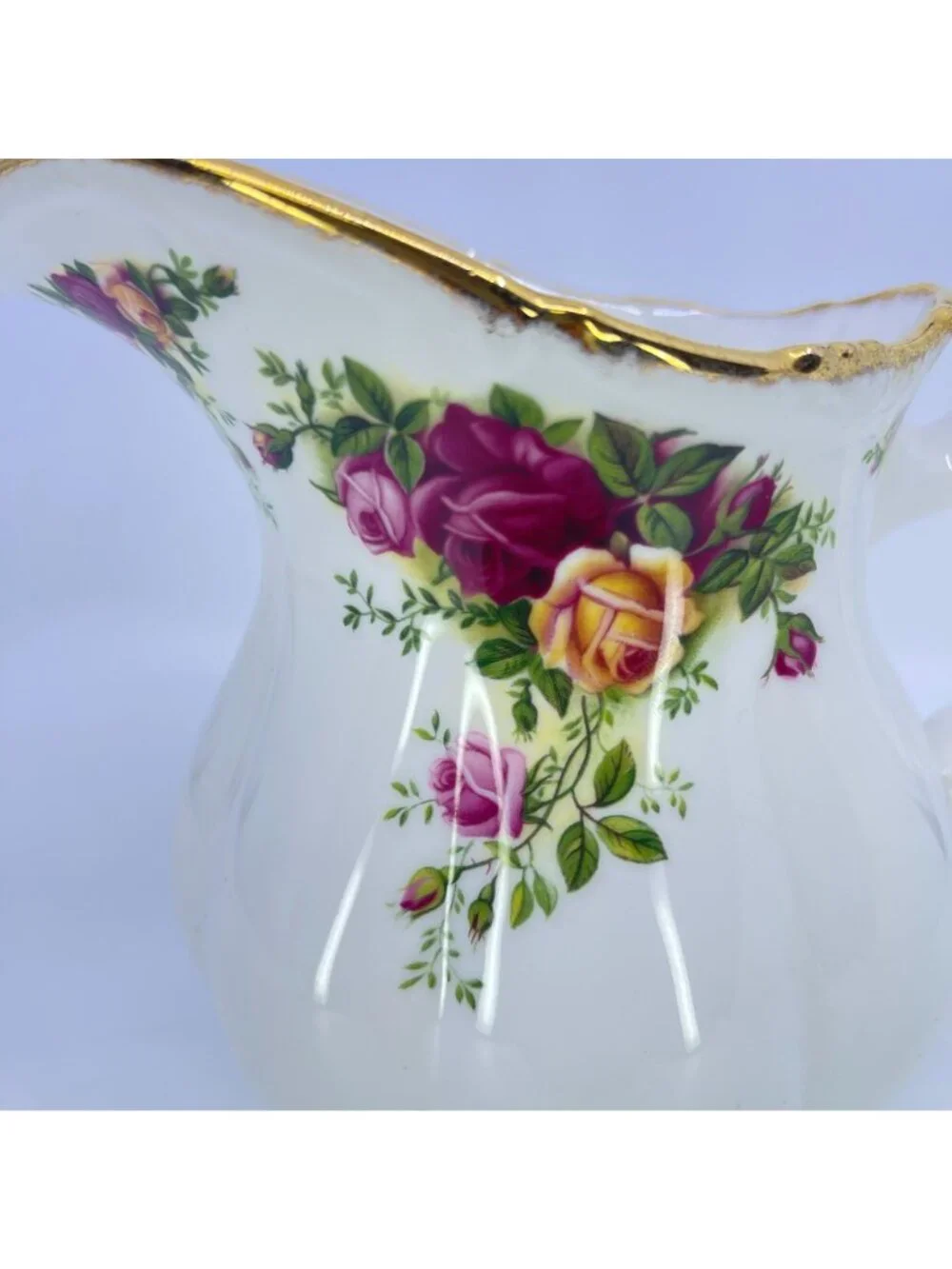 vintage royal albert old country roses pitcher with gold trim & floral pattern